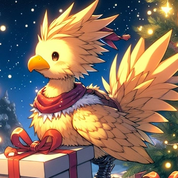 Crappy AI-generated image of a Chocobo delivering Christmas gifts.