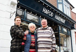 Photo of Tom, Pauline and Alan in front of Hafod Hardware.