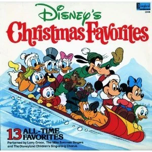 Cover of the Disney's Christmas Favorites album, featuring a cartoon image Mickey Mouse and other Disney characters sledding down a snow-covered hill.