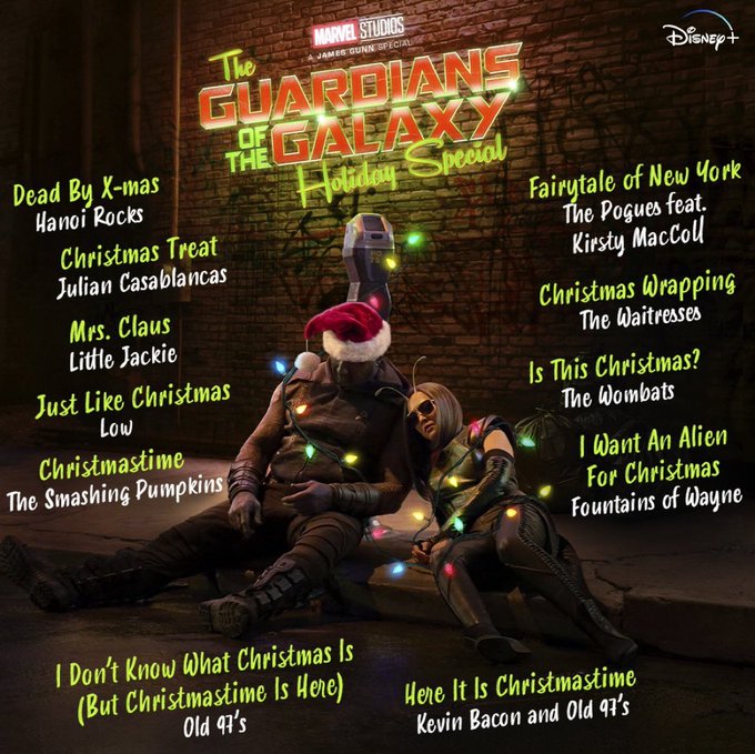 Promotional image for the Guardians of the Galaxy Holiday Special, featuring Drax and Mantis and listing the artists and songs appearing in the special.