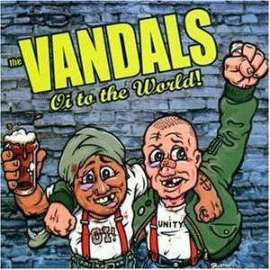 Oi to the World album art from the 2000 re-release, featuring a cartoon image of the characters from the song.