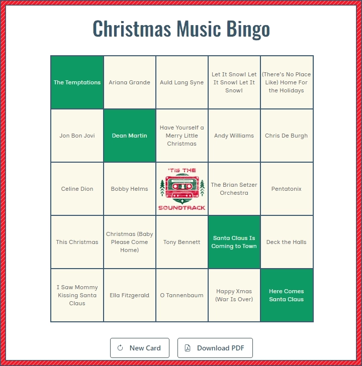 Image of a 'Tis the Soundtrack Christmas music bingo card.