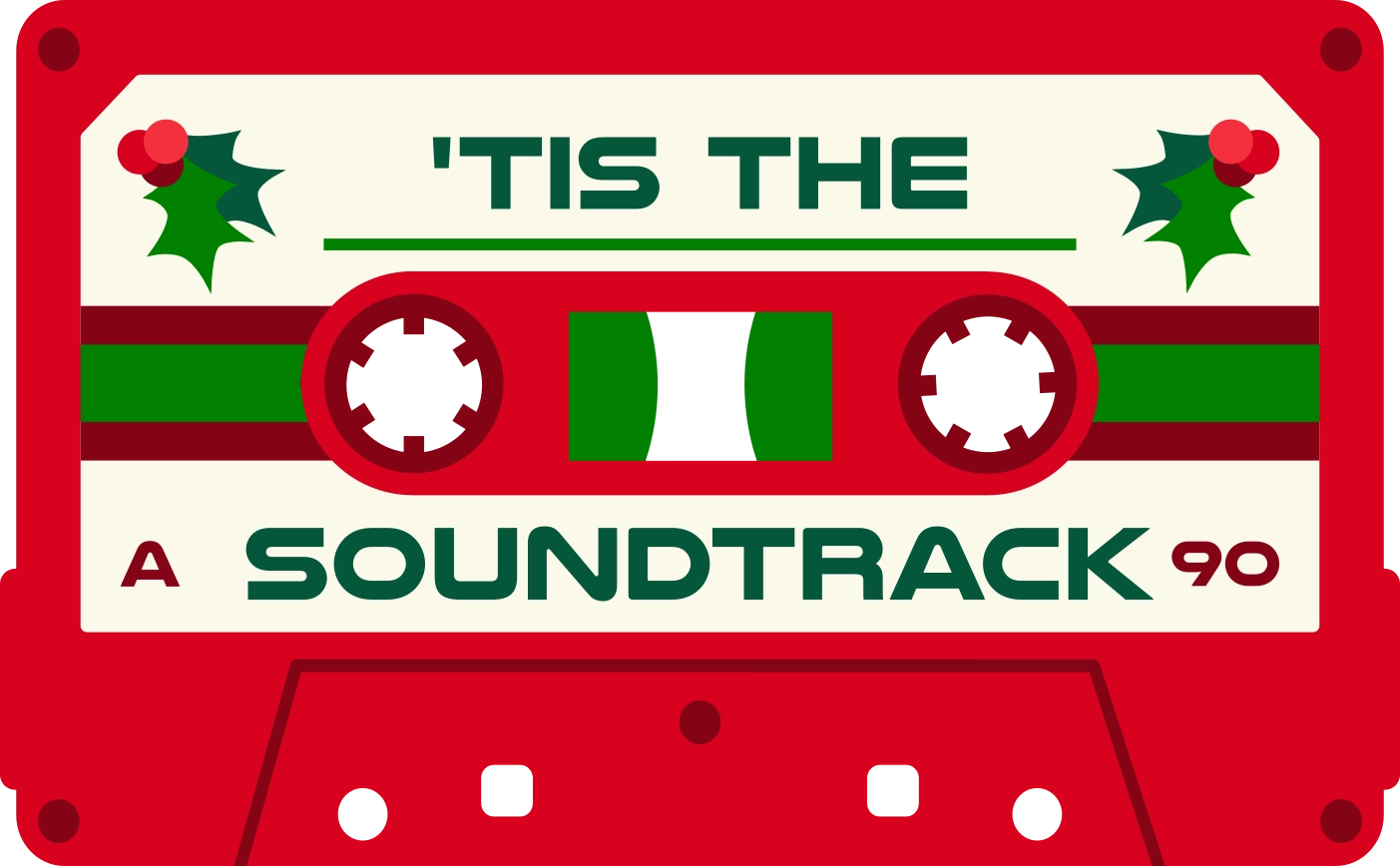 'Tis The Soundtrack logo, featuring a distressed, woodcut style image of a cassette tape in front of an ornament, in red and green.