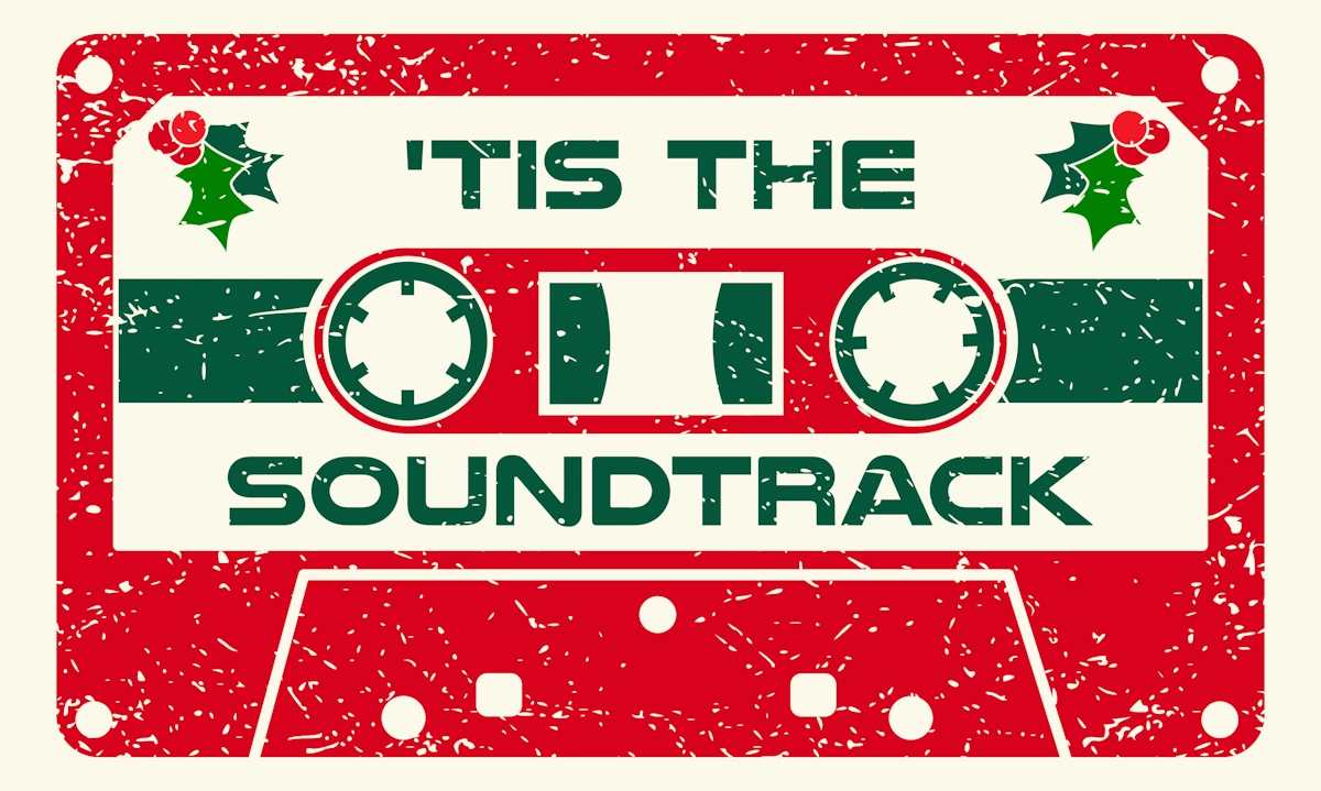 'Tis The Soundtrack logo, featuring a distressed, woodcut style image of a cassette tape in front of an ornament, in red and green.