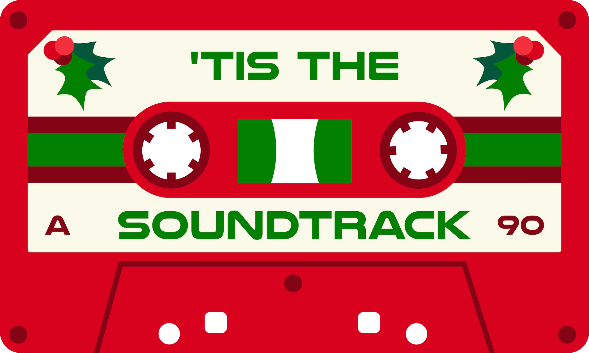 'Tis The Soundtrack logo, featuring a distressed, woodcut style image of a cassette tape in front of an ornament, in red and green.