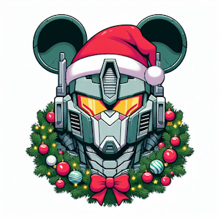 Cartoon image of Transformers or Gundam style robot head, wearing Mikey Mouse ears, a Santa hat and a Christmas wreath around its neck.
